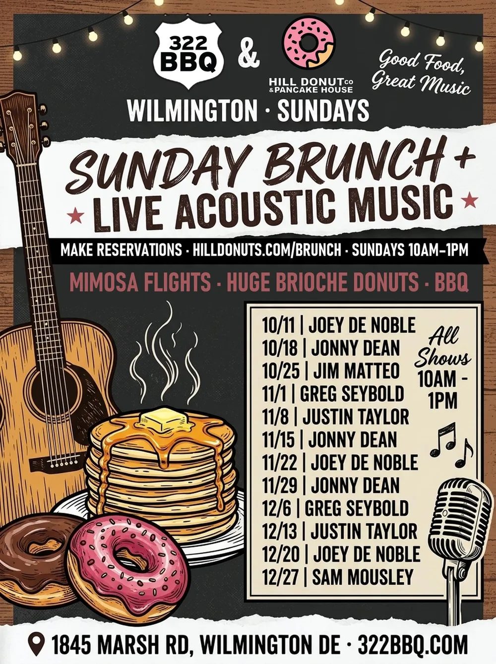 Sunday Brunch + Live Acoustic Music poster, every Sunday 10am–1pm, lineup Oct 11 to Dec 27